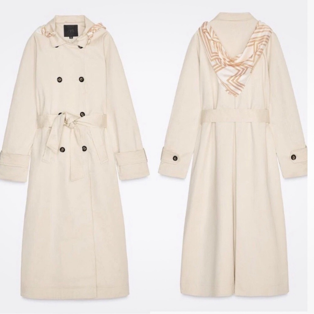 NWT Zara Woman’s m Long Scarf Trench Coat Light Beige Belted Midi Jacket - Picture 1 of 8